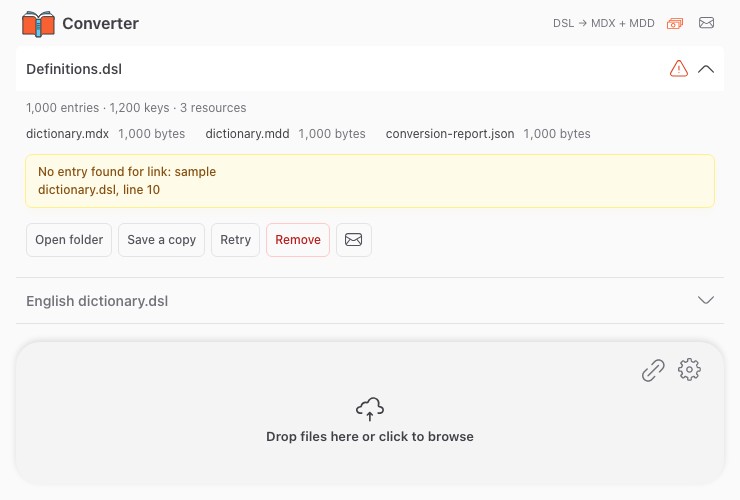 Converter interface: a completed dictionary with MDX and MDD files and the panel for adding a new dictionary.
